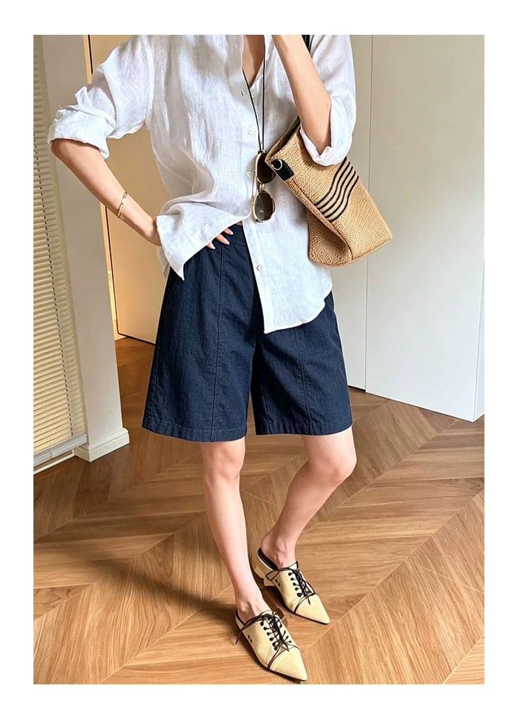 오래된 돈 바람 아마 정장 반바지 여성 여름 새로운 라이 경기 서울 넓은 다리 오부 바지 주간 실크 마 스트레이트 바지 상세 이미지 4