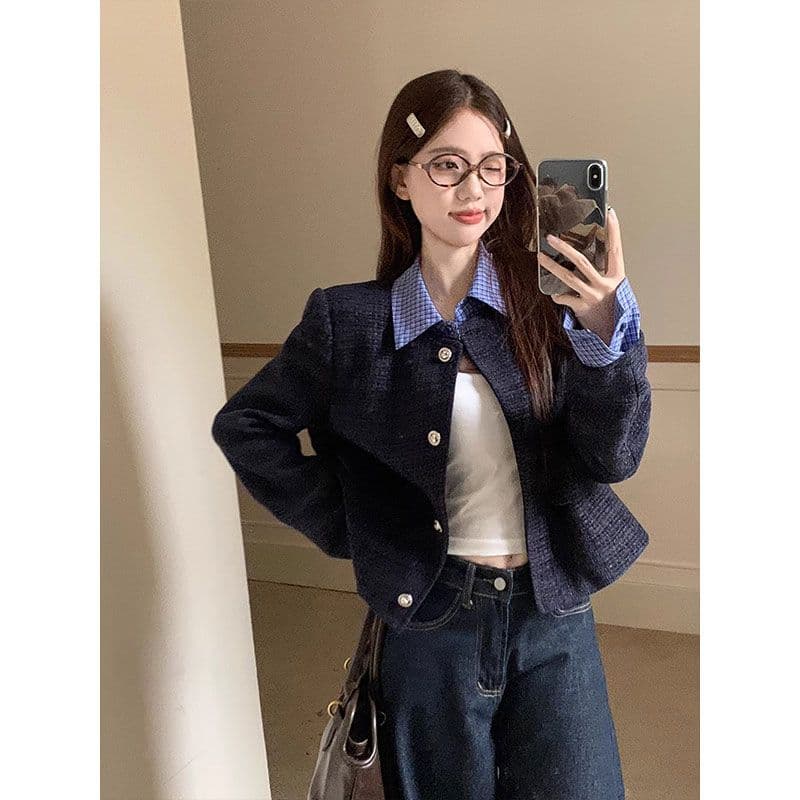 파란색 체크무늬 패치워크 작은 샤넬 스타일 여성 코트 봄 가을 2026 새로운 한 부서 품격 고급 센스 슬림해 보이는 짧은 맨위 이미지 4