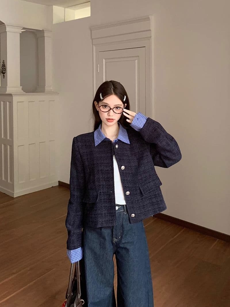 파란색 체크무늬 패치워크 작은 샤넬 스타일 여성 코트 봄 가을 2026 새로운 한 부서 품격 고급 센스 슬림해 보이는 짧은 맨위 상세 이미지 13