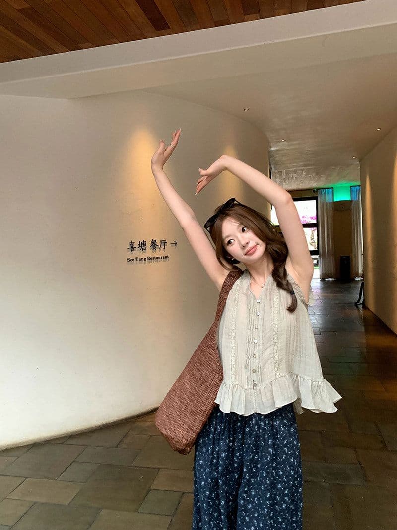 여름 꽃무늬 바지 전원 바람 레이스 배기 바지 여성 루즈핏 넓은 다리 9부 바지 슬림해 보이는 상세 이미지 19
