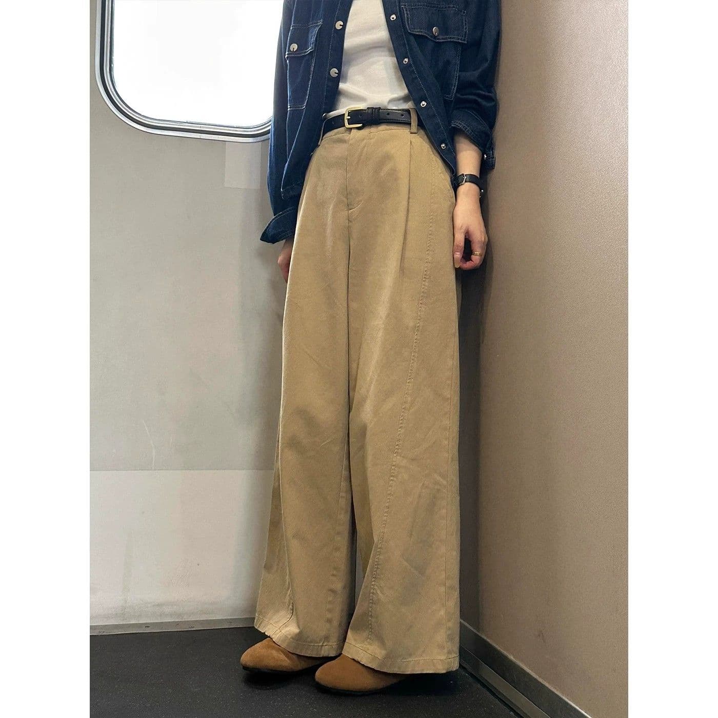 카키 색 넓은 다리 워크웨어 팬츠 여성 가을 새로운 통통한 여동생 mm 루즈핏 슬림해 보이는 일본식 느긋한 느슨함 센스 바지
