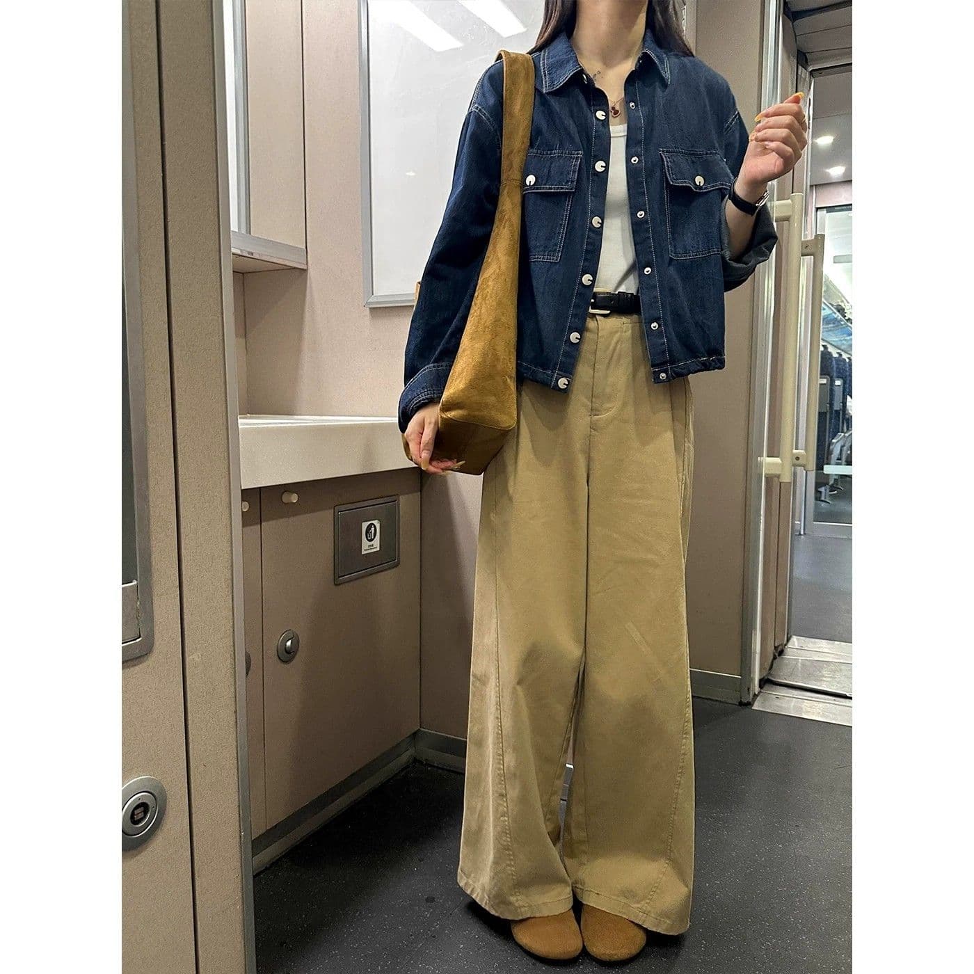 카키 색 넓은 다리 워크웨어 팬츠 여성 가을 새로운 통통한 여동생 mm 루즈핏 슬림해 보이는 일본식 느긋한 느슨함 센스 바지 이미지 2
