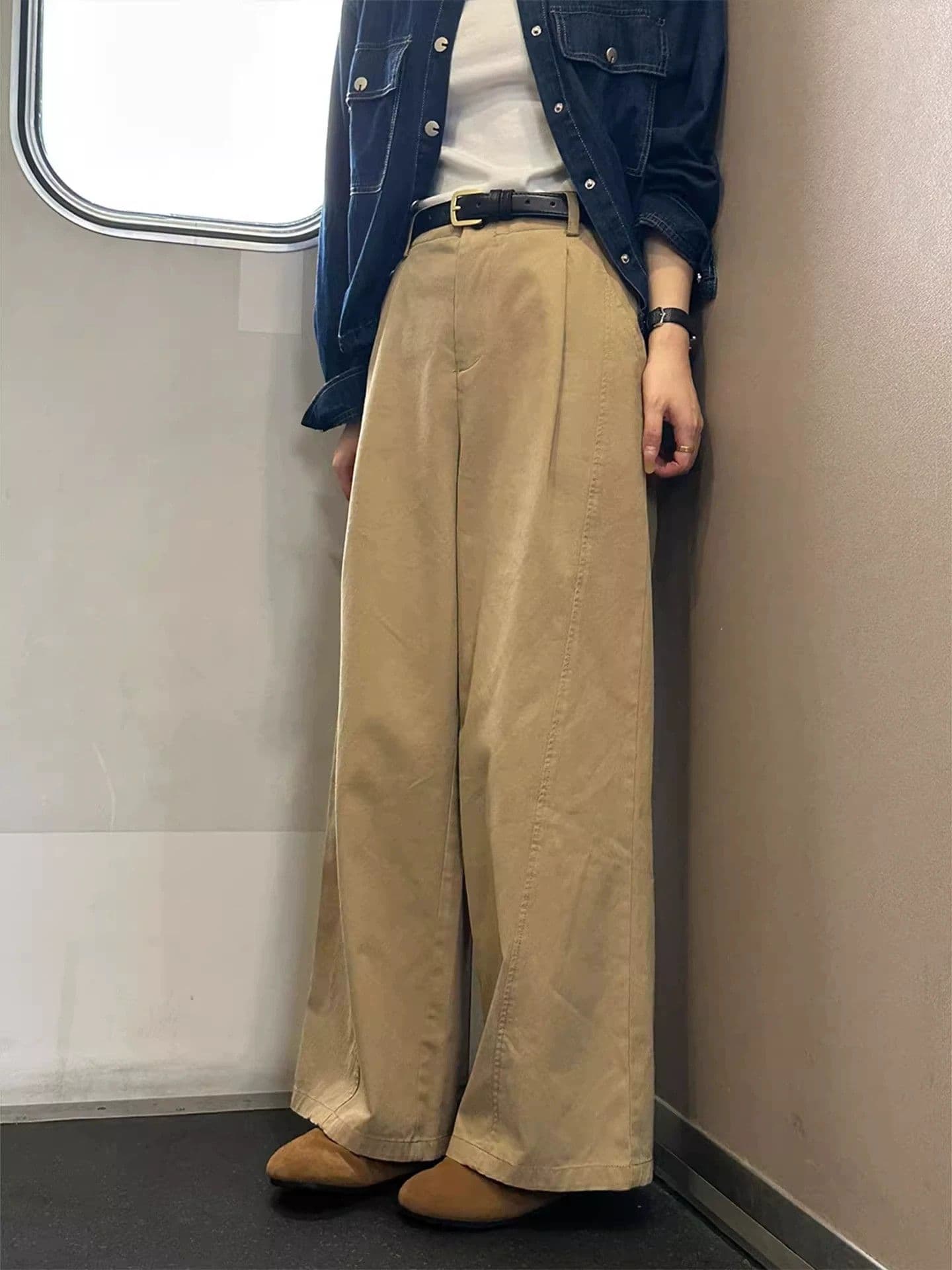 카키 색 넓은 다리 워크웨어 팬츠 여성 가을 새로운 통통한 여동생 mm 루즈핏 슬림해 보이는 일본식 느긋한 느슨함 센스 바지 상세 이미지 1