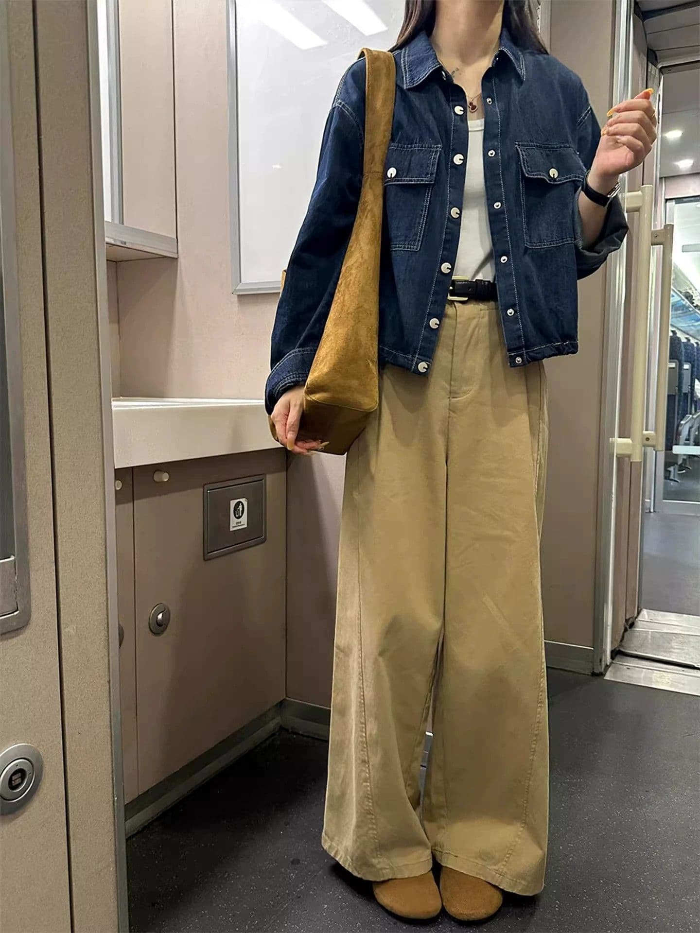 카키 색 넓은 다리 워크웨어 팬츠 여성 가을 새로운 통통한 여동생 mm 루즈핏 슬림해 보이는 일본식 느긋한 느슨함 센스 바지 상세 이미지 2