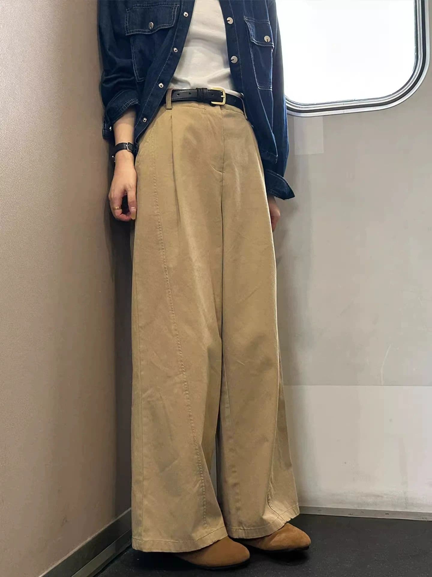 카키 색 넓은 다리 워크웨어 팬츠 여성 가을 새로운 통통한 여동생 mm 루즈핏 슬림해 보이는 일본식 느긋한 느슨함 센스 바지 상세 이미지 5