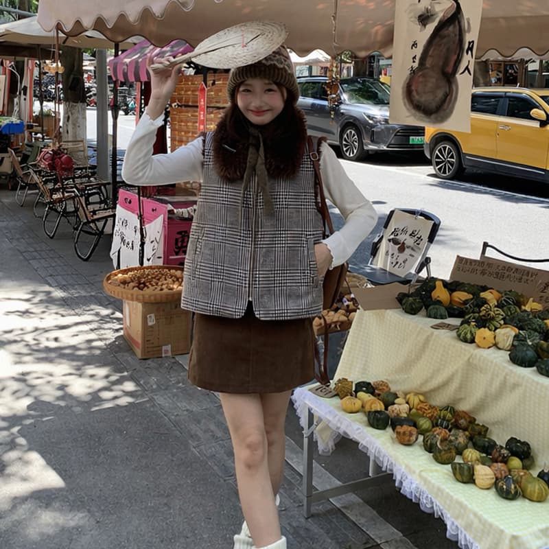 가을 겨울 새로운 양면 착용 천 그리드 버드 폴로 칼라 플리스 면 옷 베스트 조끼 여성 짧은 보온 한 부서 재킷 이미지 4