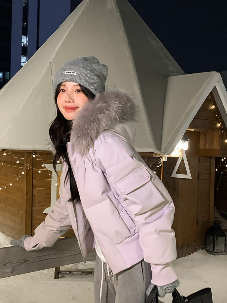 작은 마을 산산 눈 반사하다 阑珊 시뮬레이션 전갈 모피 칼라 면 의류 여성 겨울 방풍 쇼트 스타일 후드 작은 키 재킷