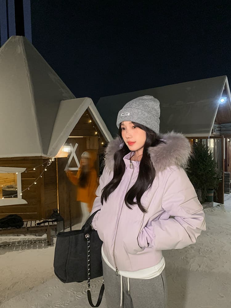 작은 마을 산산 눈 반사하다 阑珊 시뮬레이션 전갈 모피 칼라 면 의류 여성 겨울 방풍 쇼트 스타일 후드 작은 키 재킷 상세 이미지 32
