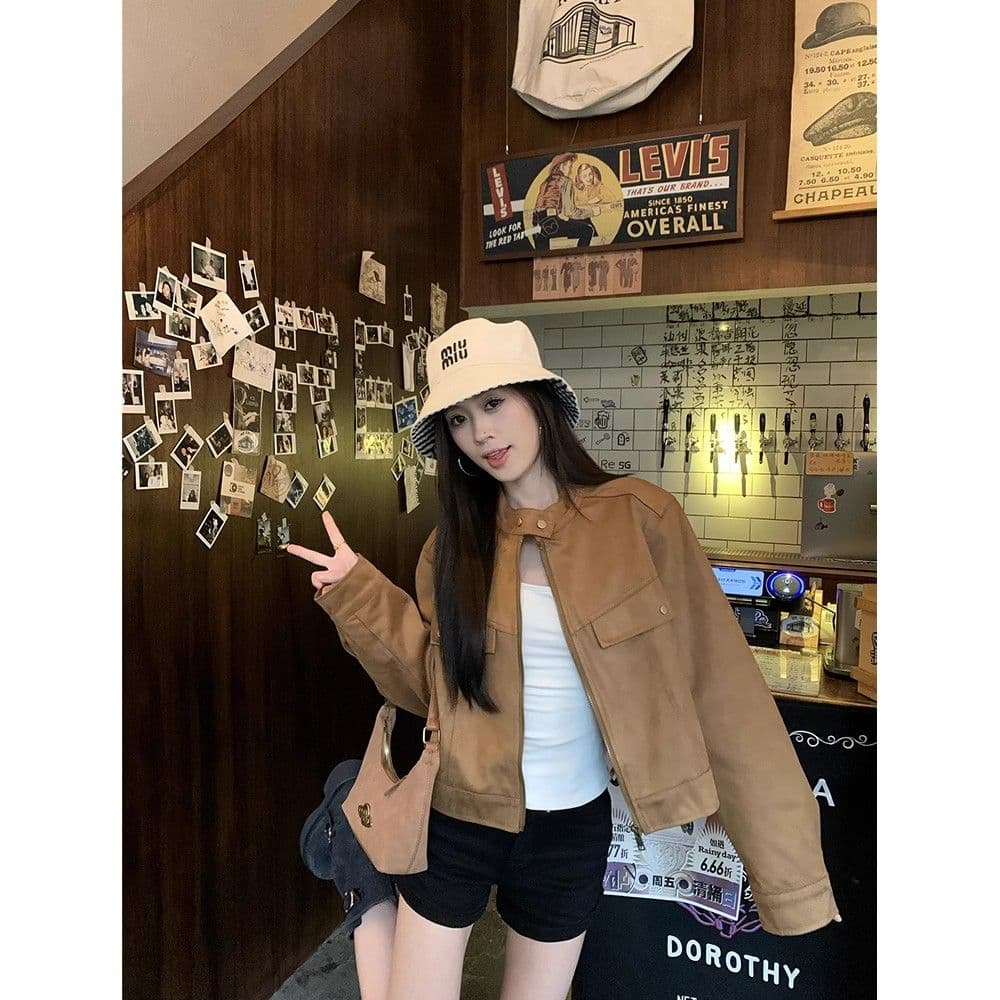 아름다움 라드. 사슴 캐시미어 스탠드 칼라 재킷 여성 코트 2026 가을 새로운 레트로 품격 루즈핏 긴팔 오토바이 서비스 이미지 2