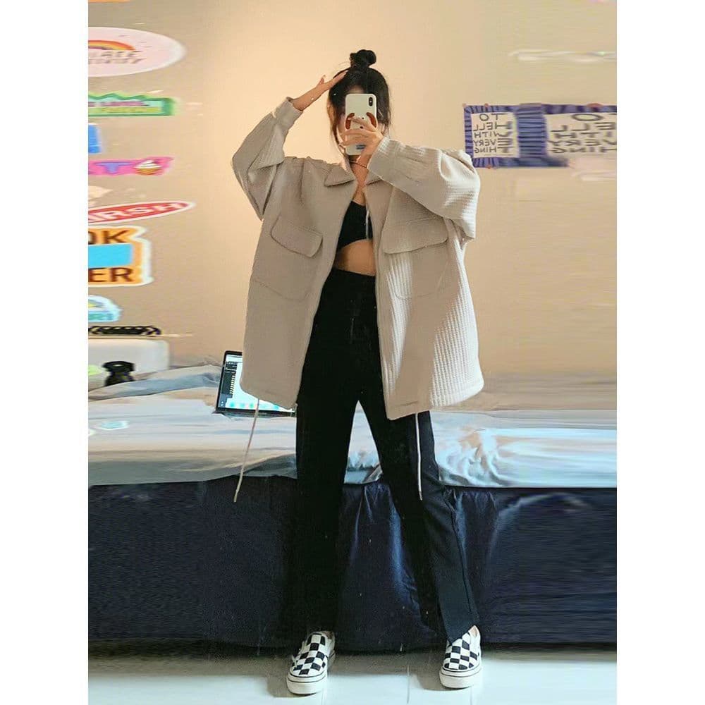 털 루트 자수 거리 레트로 알파벳 자수 펌프 로프 재킷 여자 학생 가을 후아 남편 그리드 재킷 맨위 트렌디 상세 이미지 11