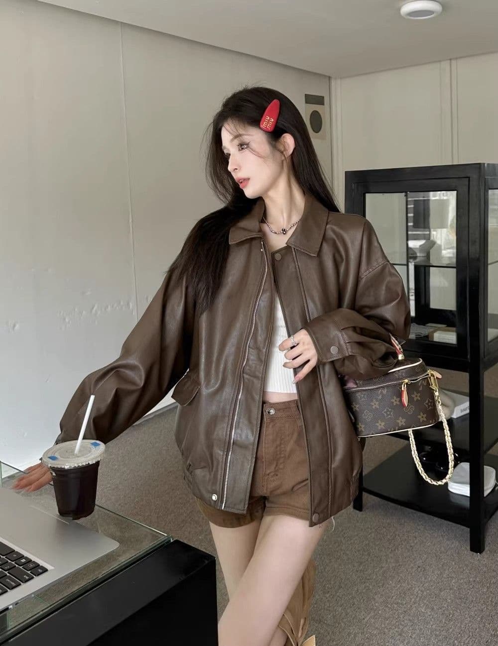 원본 것 가을 브라운 가죽 재킷 여성 코트 작은 키 항구 바람 레트로 아메리칸 가죽 자켓 아름다움 라드. 오토바이 이미지 2