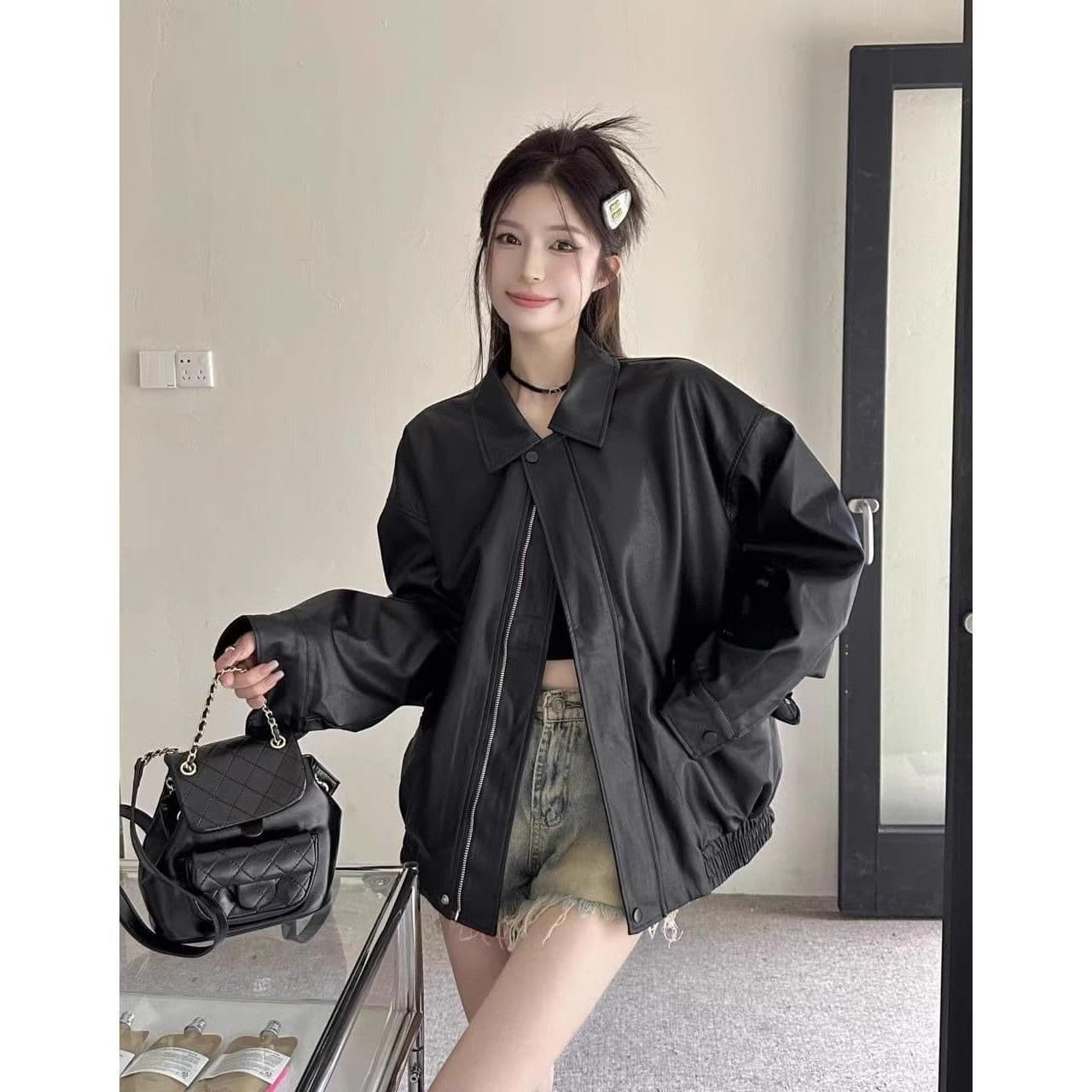 원본 것 가을 브라운 가죽 재킷 여성 코트 작은 키 항구 바람 레트로 아메리칸 가죽 자켓 아름다움 라드. 오토바이 이미지 5