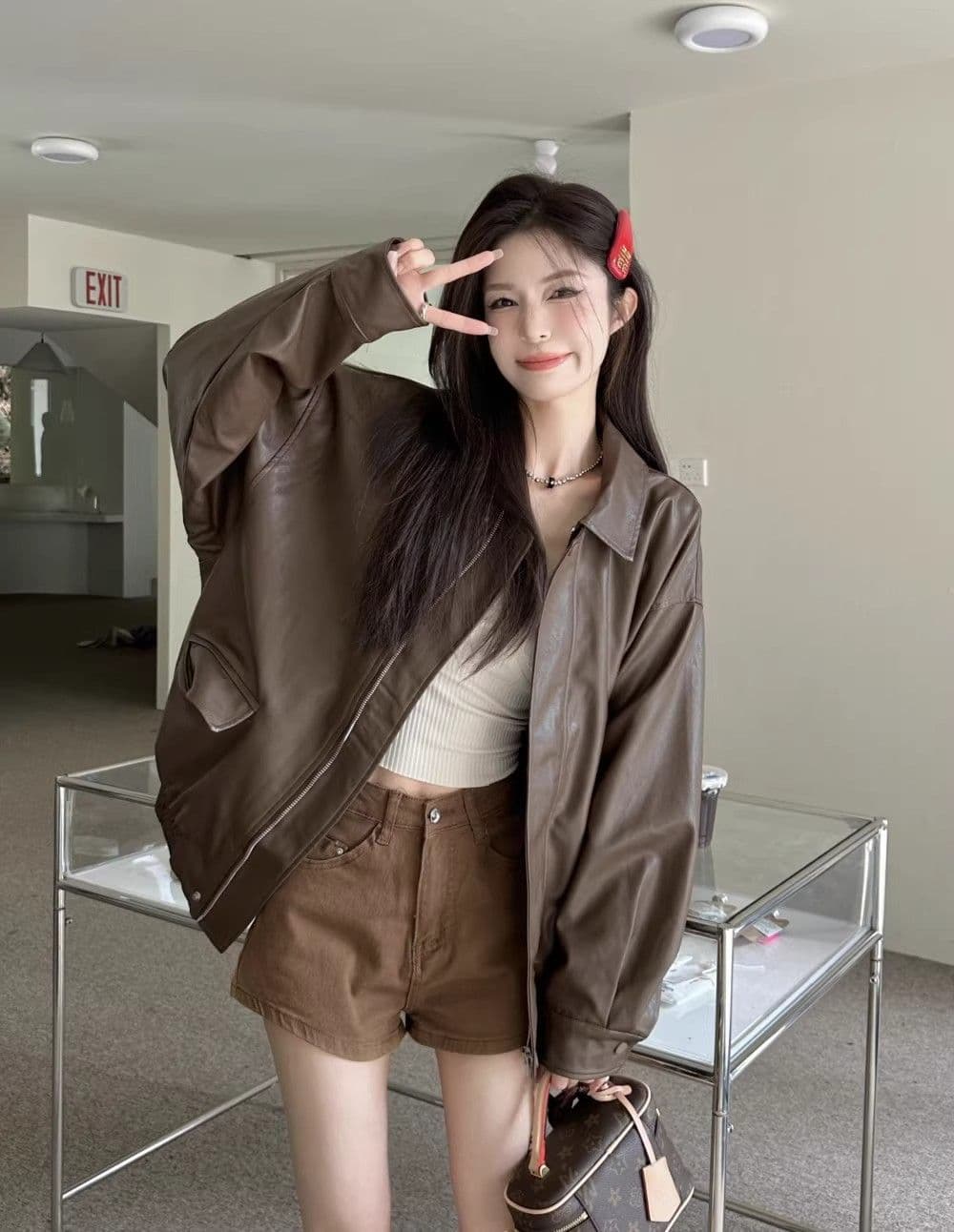원본 것 가을 브라운 가죽 재킷 여성 코트 작은 키 항구 바람 레트로 아메리칸 가죽 자켓 아름다움 라드. 오토바이 상세 이미지 7