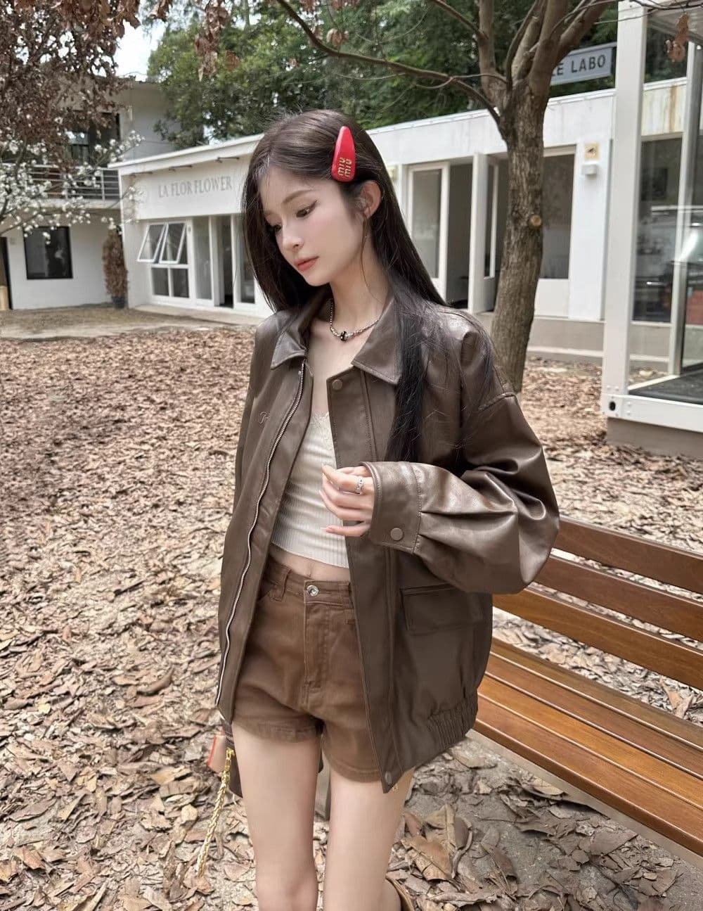 원본 것 가을 브라운 가죽 재킷 여성 코트 작은 키 항구 바람 레트로 아메리칸 가죽 자켓 아름다움 라드. 오토바이 상세 이미지 9