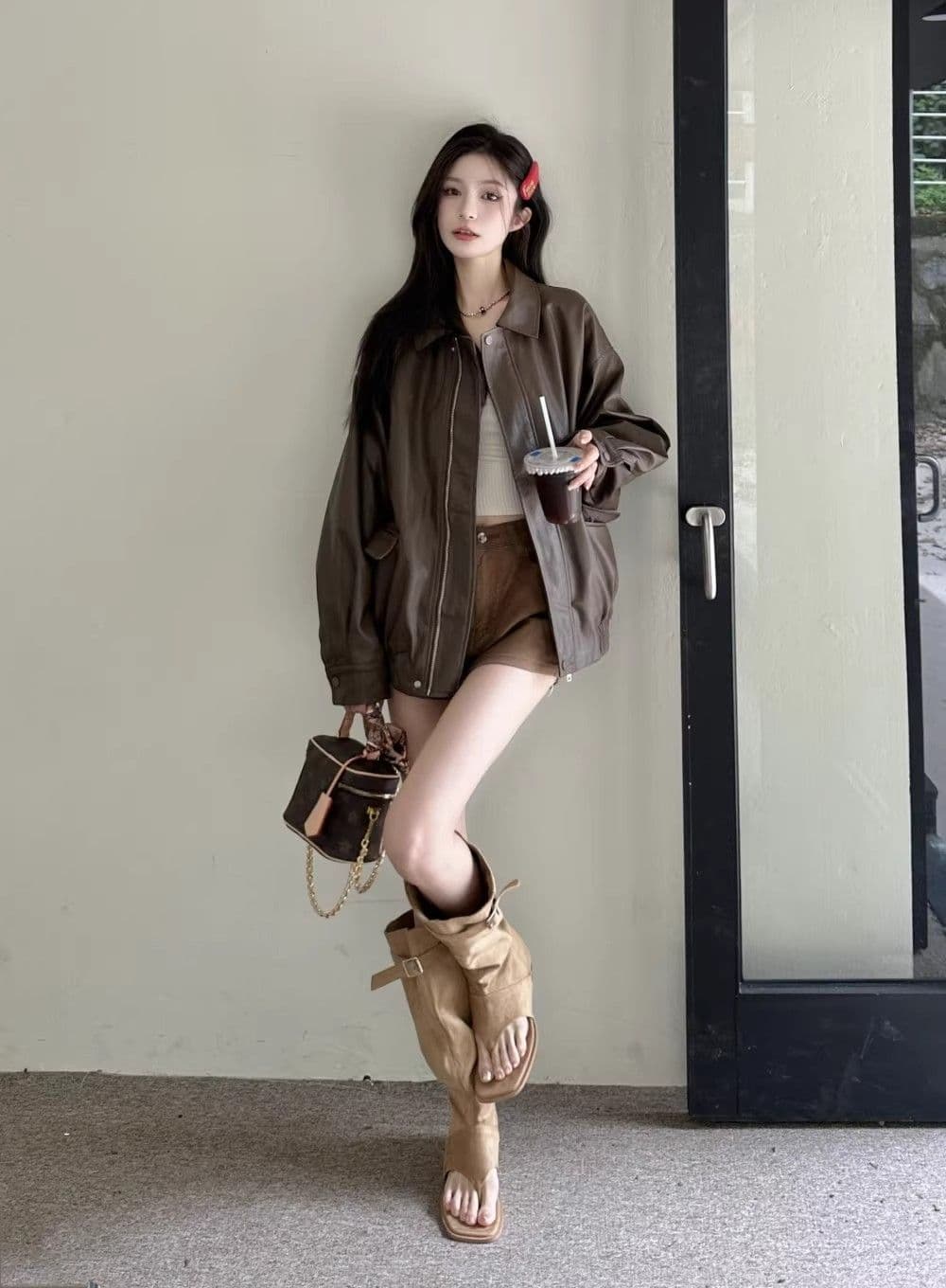 원본 것 가을 브라운 가죽 재킷 여성 코트 작은 키 항구 바람 레트로 아메리칸 가죽 자켓 아름다움 라드. 오토바이 상세 이미지 13