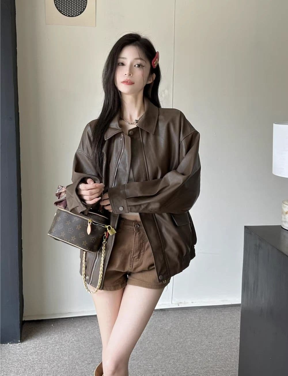 원본 것 가을 브라운 가죽 재킷 여성 코트 작은 키 항구 바람 레트로 아메리칸 가죽 자켓 아름다움 라드. 오토바이 상세 이미지 15