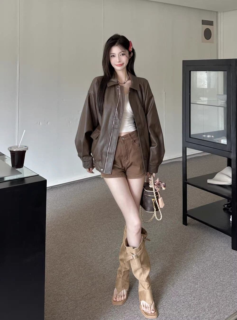 원본 것 가을 브라운 가죽 재킷 여성 코트 작은 키 항구 바람 레트로 아메리칸 가죽 자켓 아름다움 라드. 오토바이 상세 이미지 17