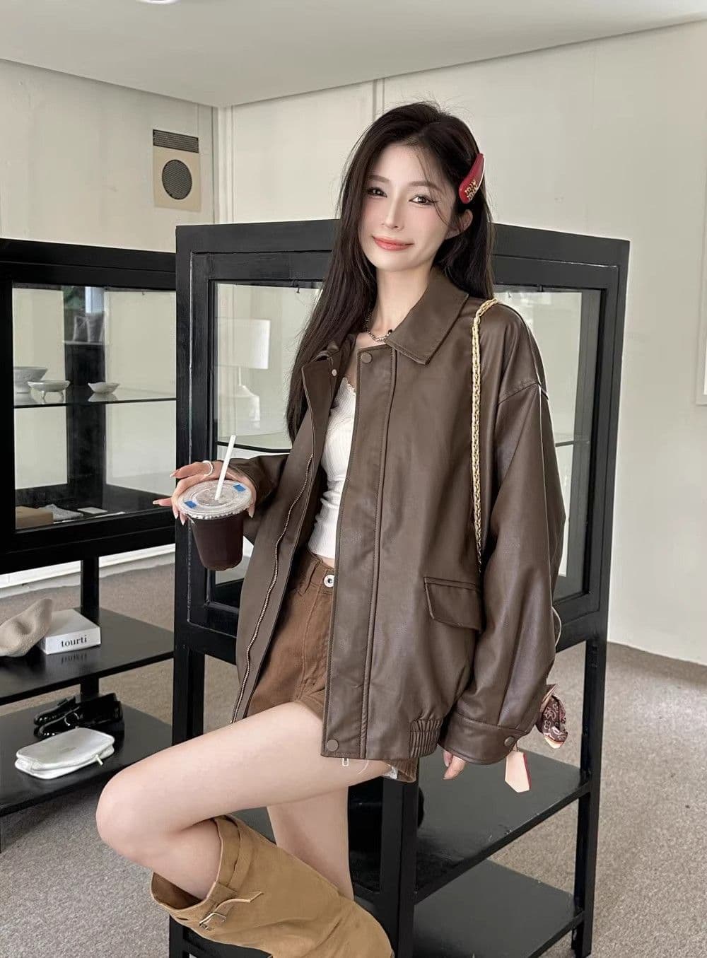 원본 것 가을 브라운 가죽 재킷 여성 코트 작은 키 항구 바람 레트로 아메리칸 가죽 자켓 아름다움 라드. 오토바이 상세 이미지 18