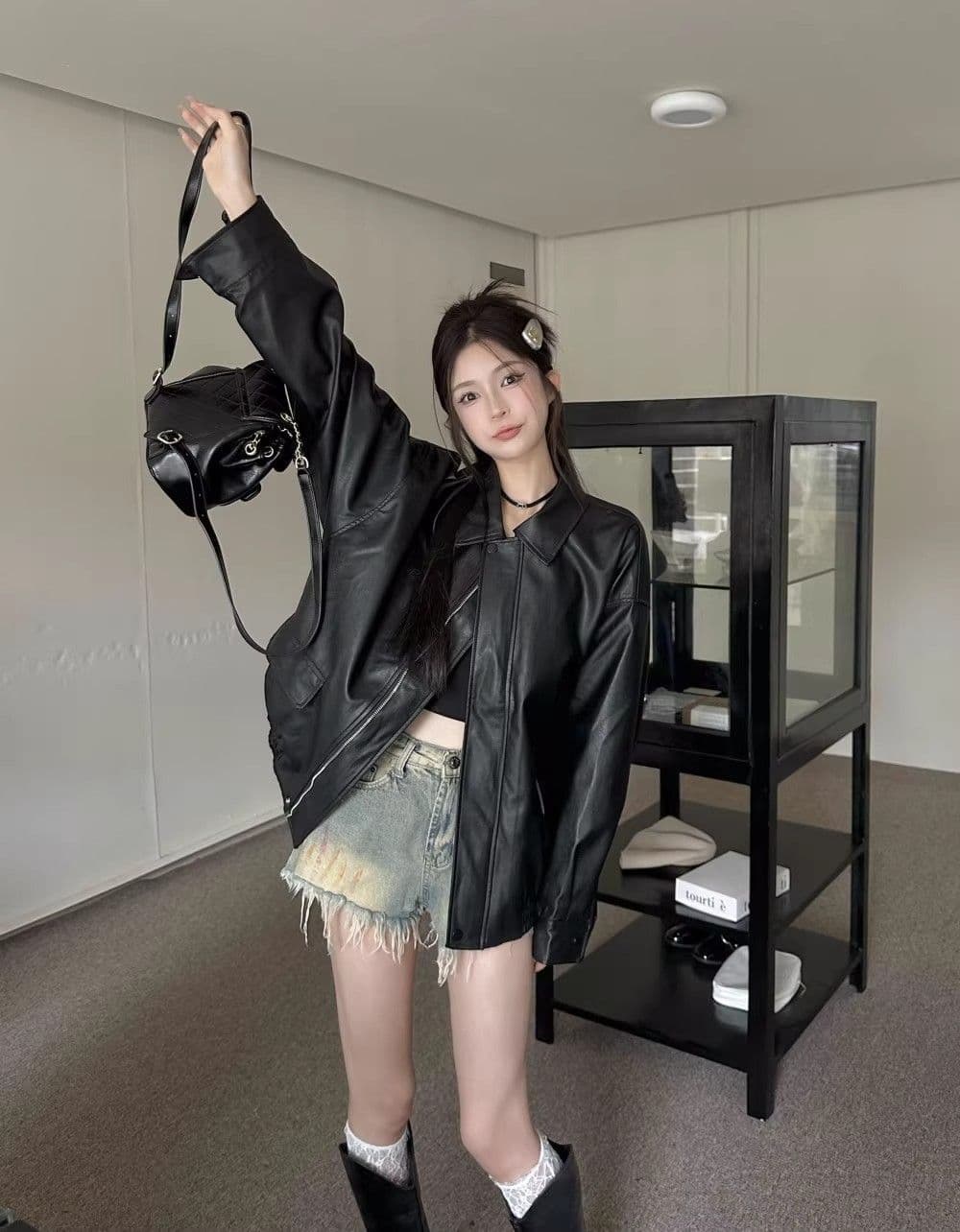 원본 것 가을 브라운 가죽 재킷 여성 코트 작은 키 항구 바람 레트로 아메리칸 가죽 자켓 아름다움 라드. 오토바이 상세 이미지 24