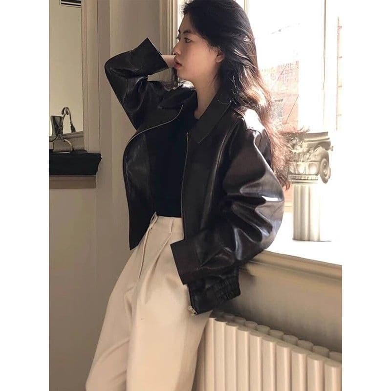 쇼트 스타일 검정색 가죽 재킷 여성 코트 2026 년 가을 새로운 차가운 바람의 소리 바람 작은 키 폭발 오토바이 품격 레트로 상세 이미지 3