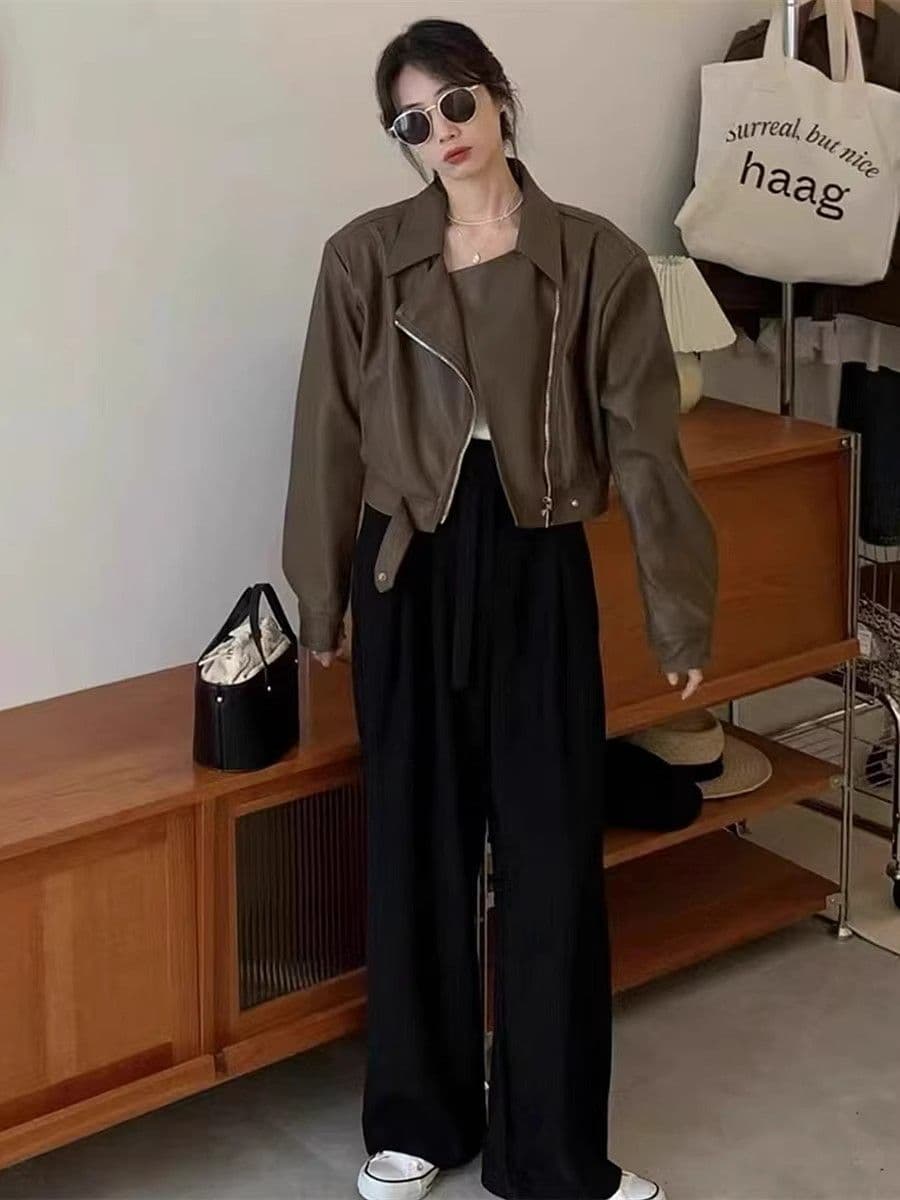 레트로 pu 가죽 재킷 여성 코트 2026 가을 작은 키 패션 다용도 슬림해 보이는 오토바이 가죽 쇼트 스타일 재킷 맨위 이미지 3