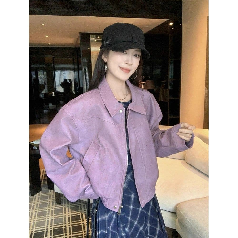 아메리칸 보라색 긴팔 가죽 재킷 여성 코트 2026 가을 새로운 레트로 핫걸 바람 폴로 칼라 품격 재킷 맨위
