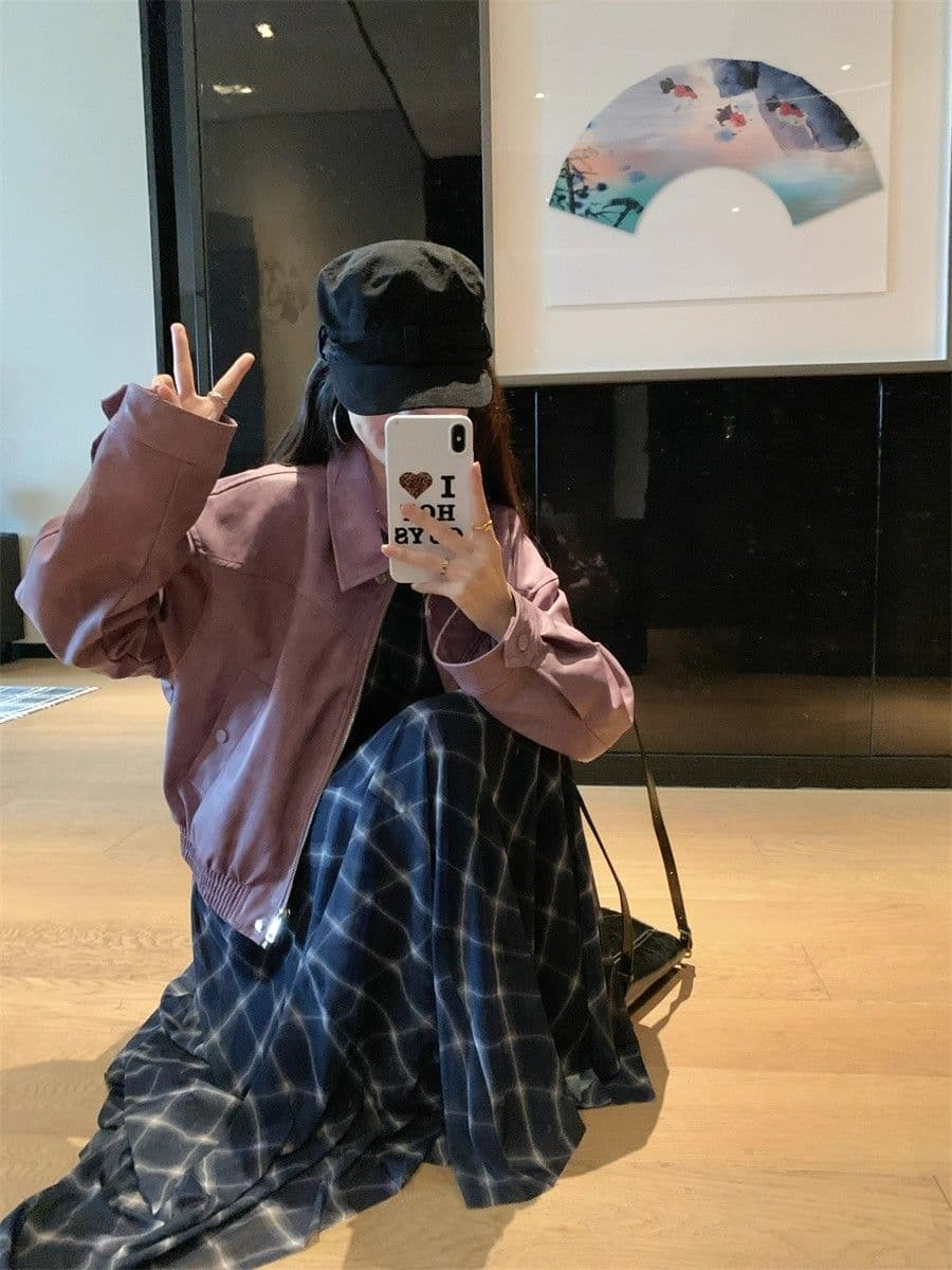 아메리칸 보라색 긴팔 가죽 재킷 여성 코트 2026 가을 새로운 레트로 핫걸 바람 폴로 칼라 품격 재킷 맨위 상세 이미지 4