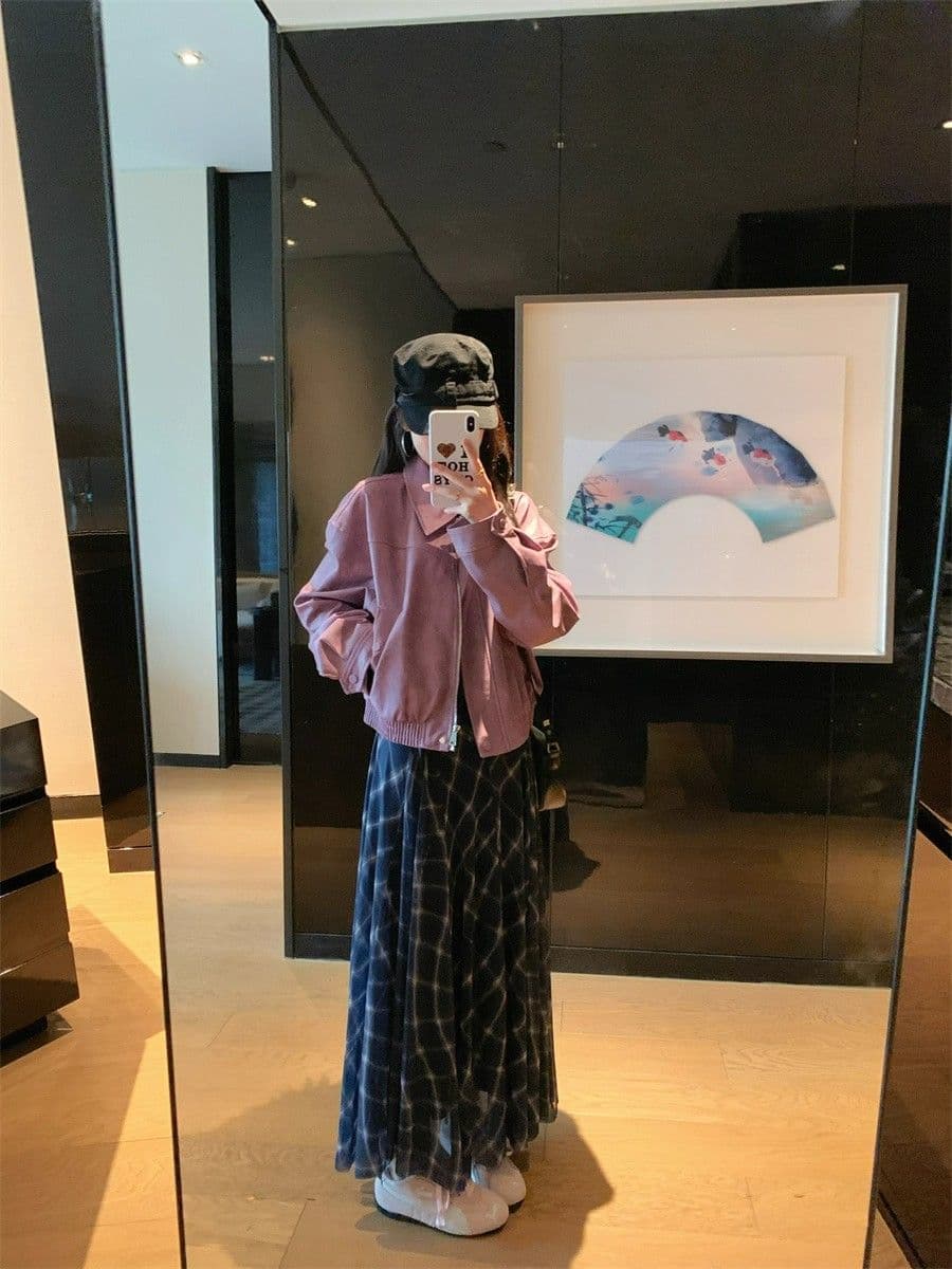 아메리칸 보라색 긴팔 가죽 재킷 여성 코트 2026 가을 새로운 레트로 핫걸 바람 폴로 칼라 품격 재킷 맨위 상세 이미지 5