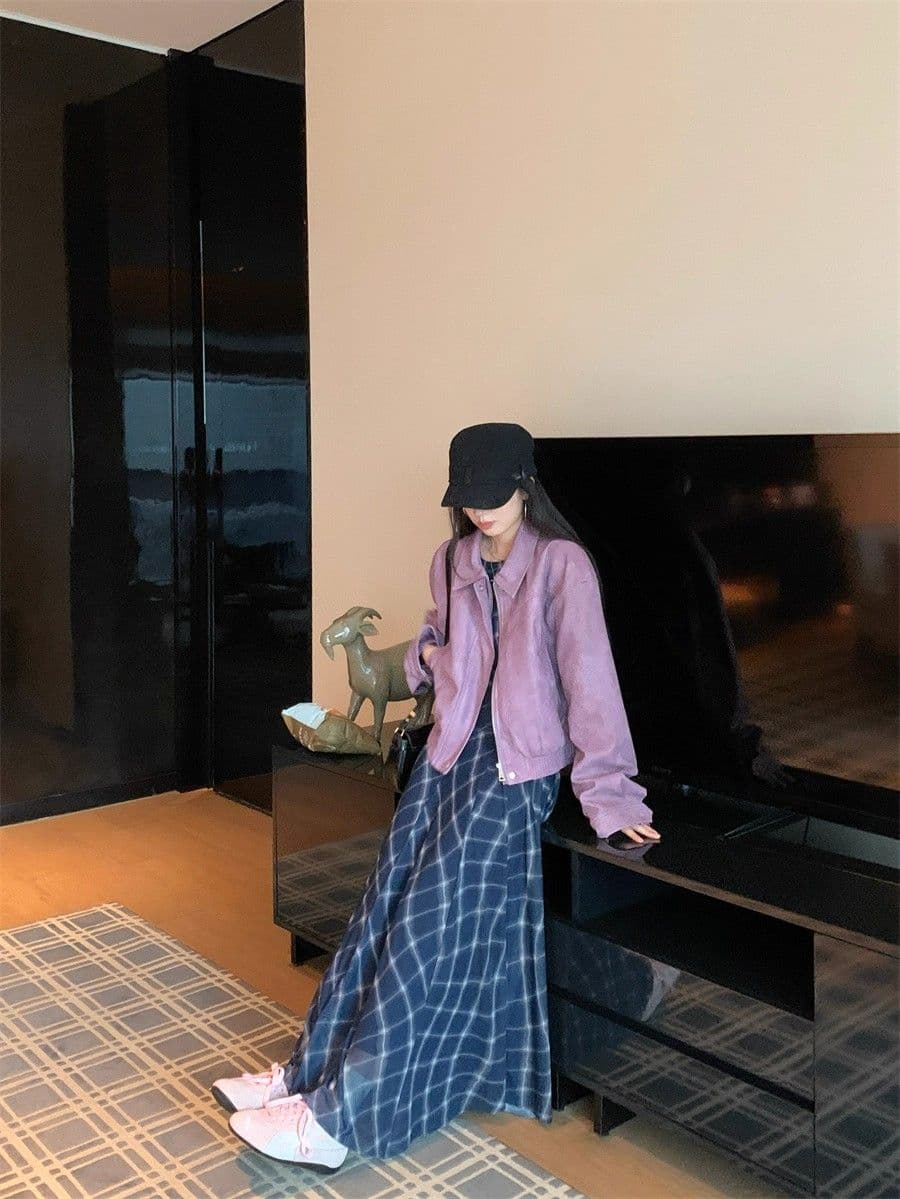 아메리칸 보라색 긴팔 가죽 재킷 여성 코트 2026 가을 새로운 레트로 핫걸 바람 폴로 칼라 품격 재킷 맨위 상세 이미지 6