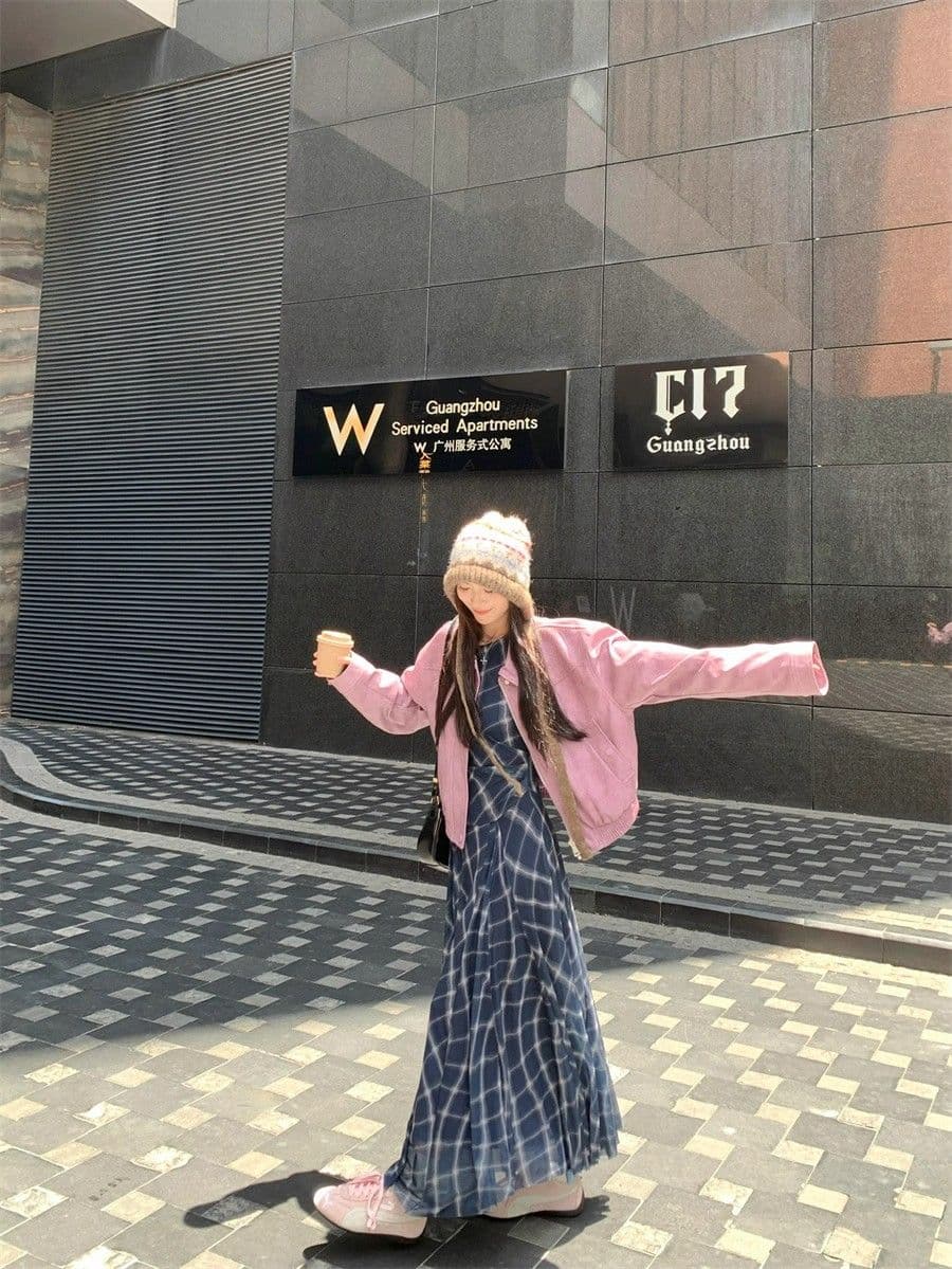 아메리칸 보라색 긴팔 가죽 재킷 여성 코트 2026 가을 새로운 레트로 핫걸 바람 폴로 칼라 품격 재킷 맨위 상세 이미지 12