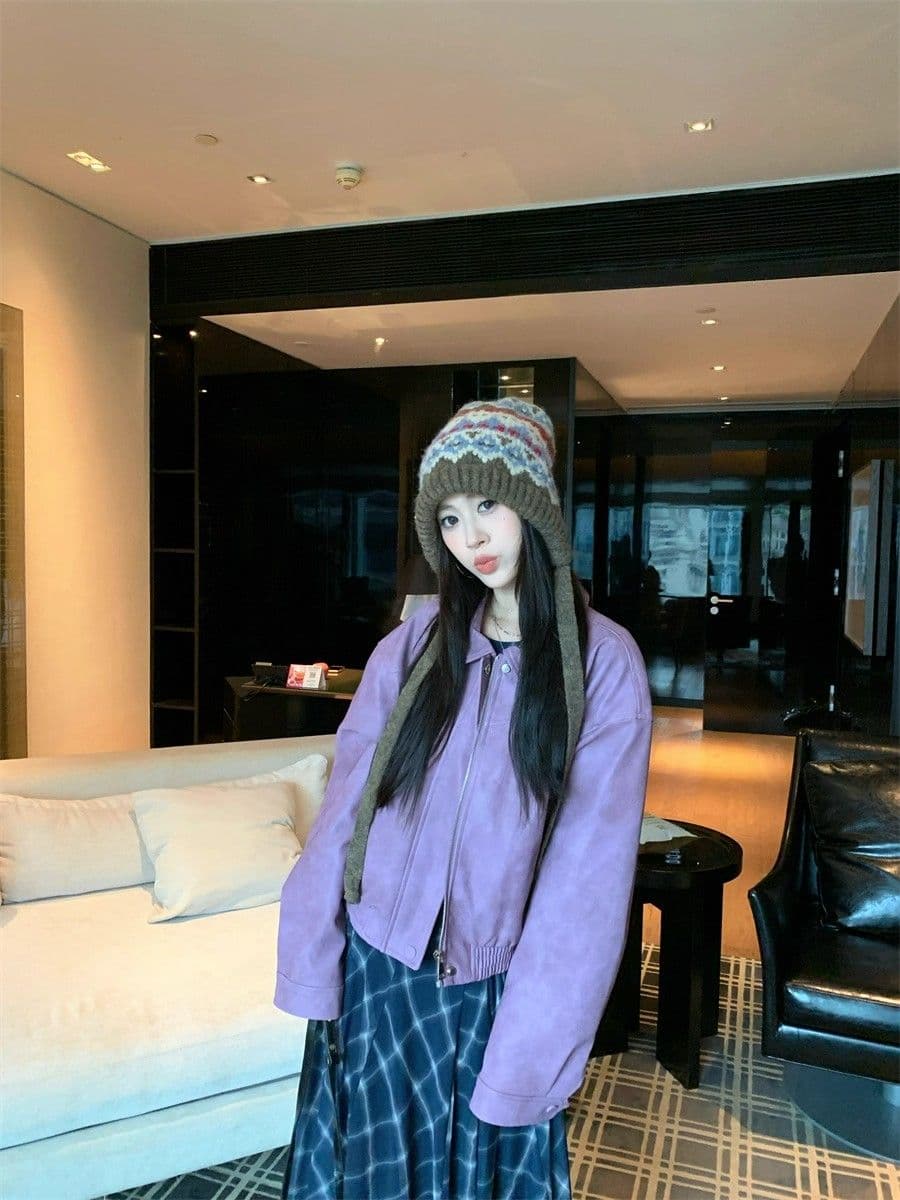 아메리칸 보라색 긴팔 가죽 재킷 여성 코트 2026 가을 새로운 레트로 핫걸 바람 폴로 칼라 품격 재킷 맨위 상세 이미지 14
