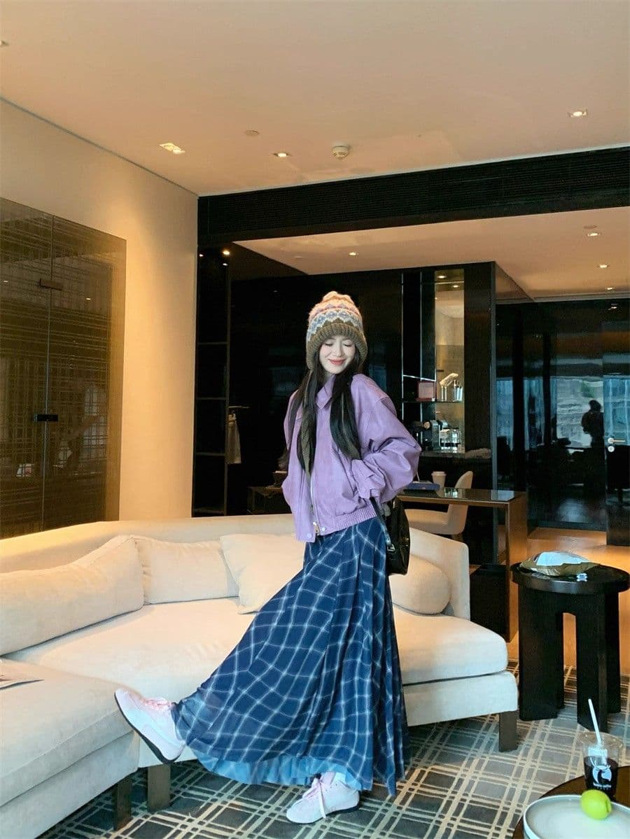 아메리칸 보라색 긴팔 가죽 재킷 여성 코트 2026 가을 새로운 레트로 핫걸 바람 폴로 칼라 품격 재킷 맨위 상세 이미지 15