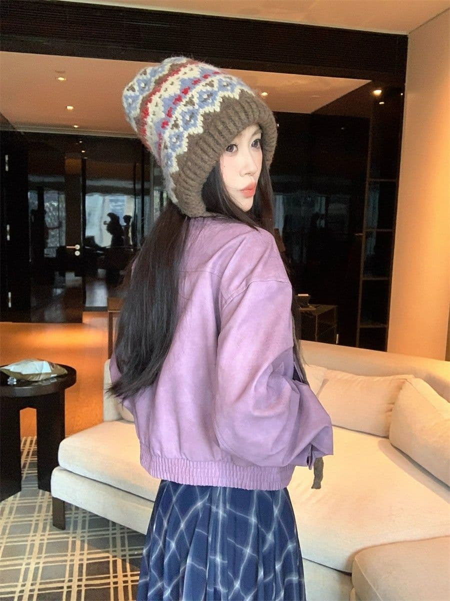 아메리칸 보라색 긴팔 가죽 재킷 여성 코트 2026 가을 새로운 레트로 핫걸 바람 폴로 칼라 품격 재킷 맨위 상세 이미지 17