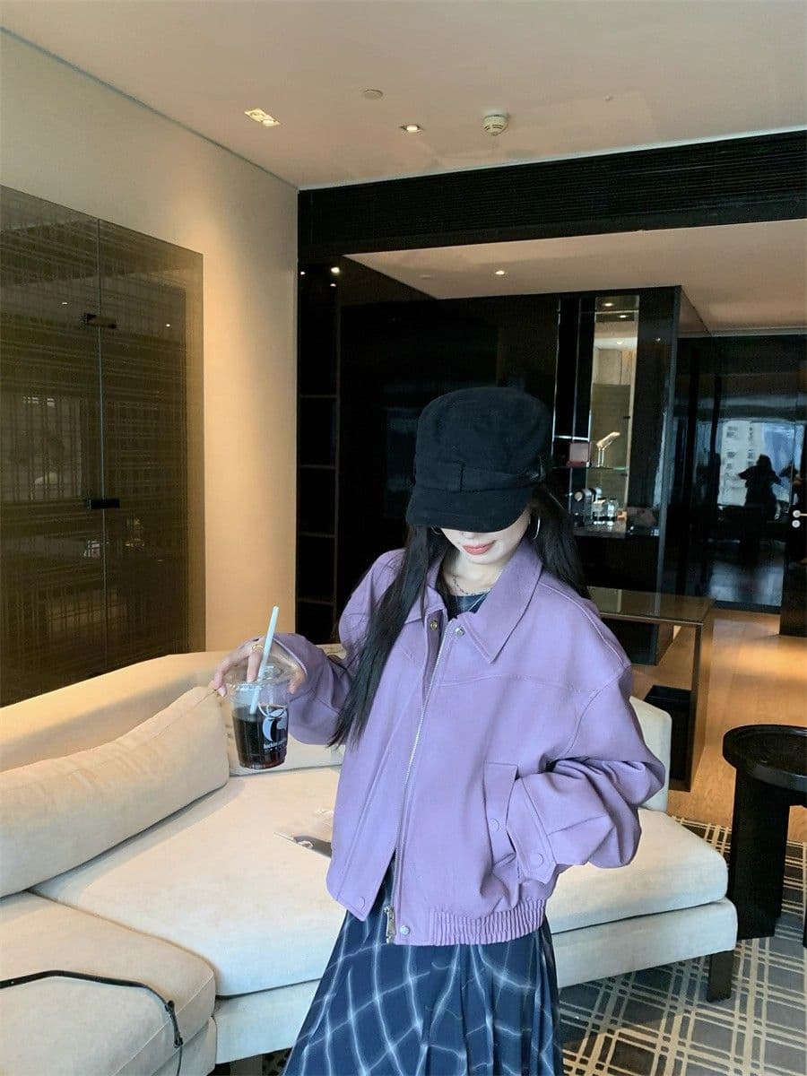 아메리칸 보라색 긴팔 가죽 재킷 여성 코트 2026 가을 새로운 레트로 핫걸 바람 폴로 칼라 품격 재킷 맨위 상세 이미지 20