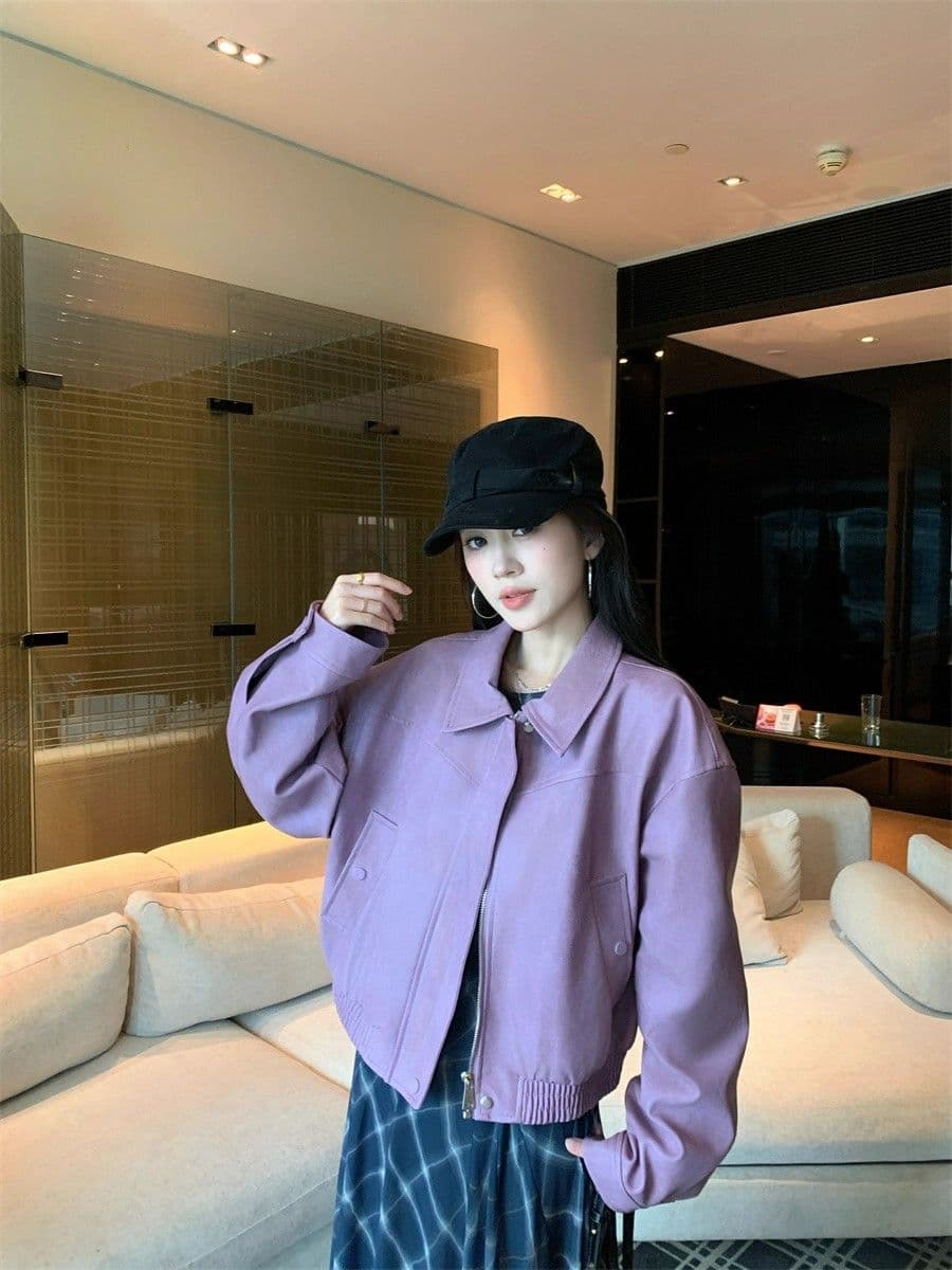 아메리칸 보라색 긴팔 가죽 재킷 여성 코트 2026 가을 새로운 레트로 핫걸 바람 폴로 칼라 품격 재킷 맨위 상세 이미지 21