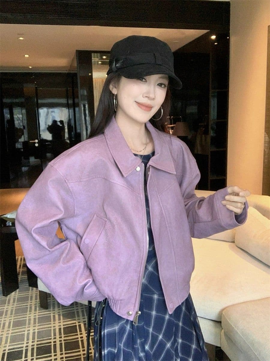 아메리칸 보라색 긴팔 가죽 재킷 여성 코트 2026 가을 새로운 레트로 핫걸 바람 폴로 칼라 품격 재킷 맨위 상세 이미지 24