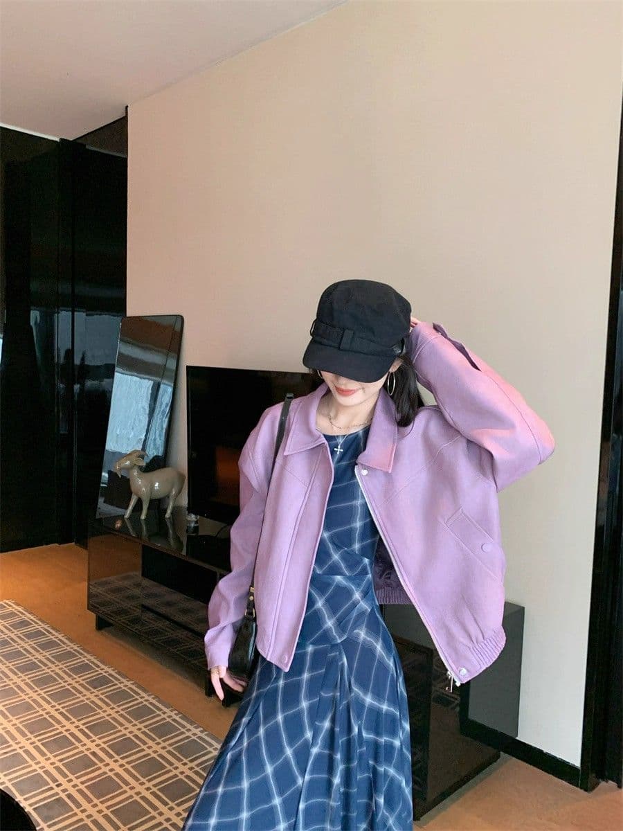 아메리칸 보라색 긴팔 가죽 재킷 여성 코트 2026 가을 새로운 레트로 핫걸 바람 폴로 칼라 품격 재킷 맨위 상세 이미지 26