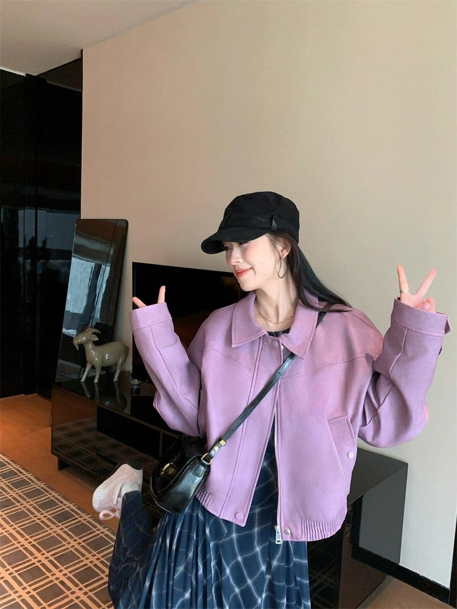 아메리칸 보라색 긴팔 가죽 재킷 여성 코트 2026 가을 새로운 레트로 핫걸 바람 폴로 칼라 품격 재킷 맨위 상세 이미지 28