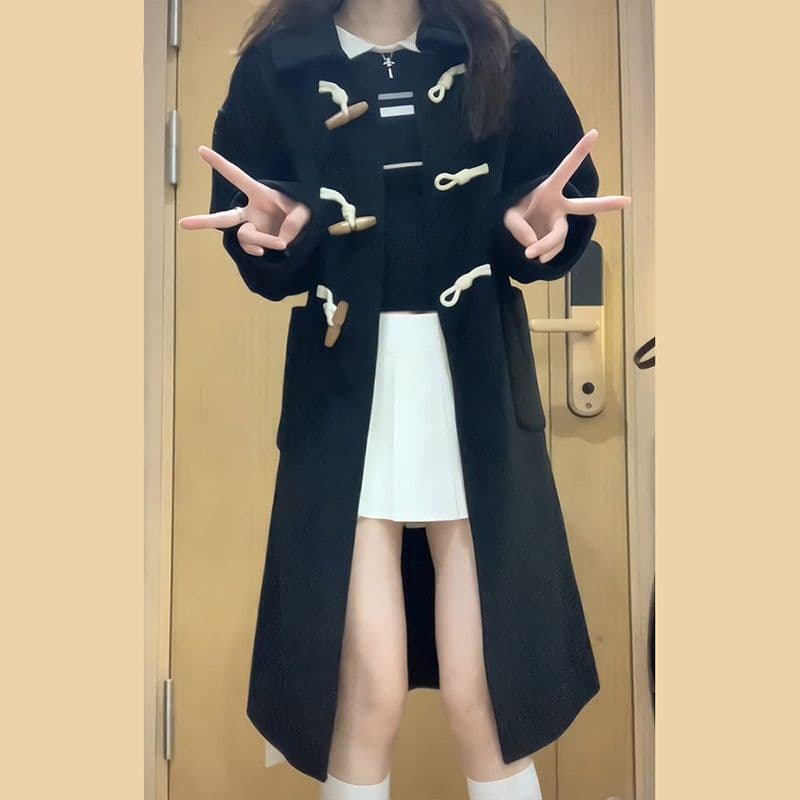 중간 길이 검정색 모직 여성 코트 가을 겨울철 2026 새로운 작은 키 그는 벤 바람 소뿔 버클 모직 코트 이미지 3