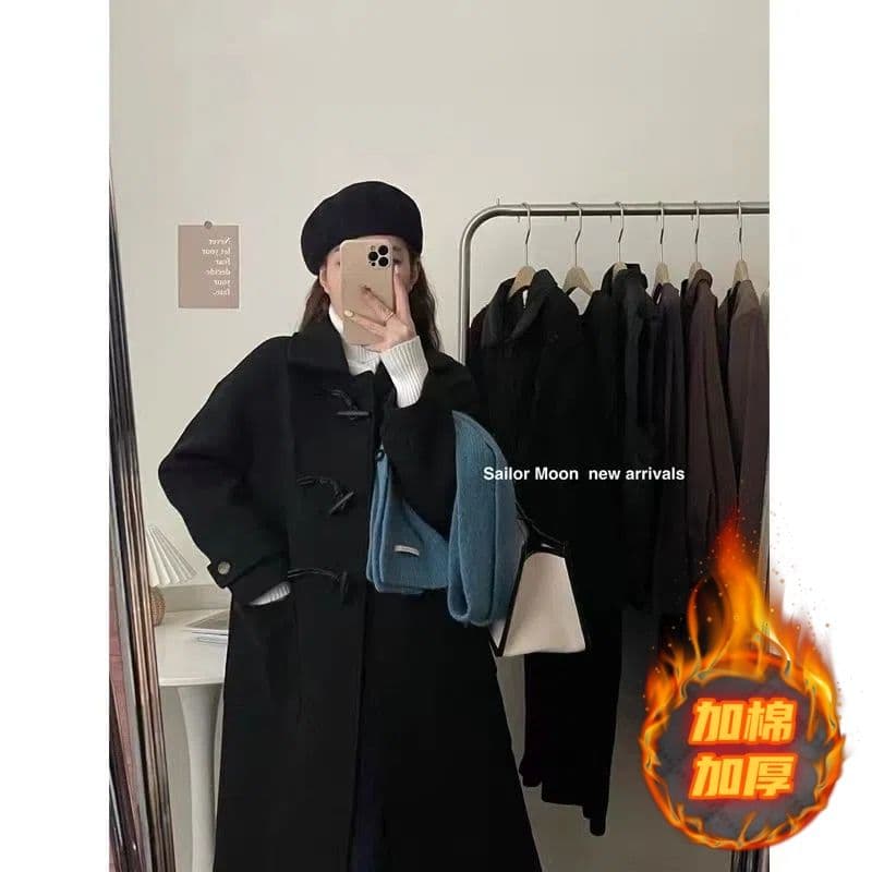 원본 것 소뿔 버클 모직 코트 여자 중간 롱 코트 가을 겨울 새로운 작은 키 그는 벤 바람 울 코트 이미지 4