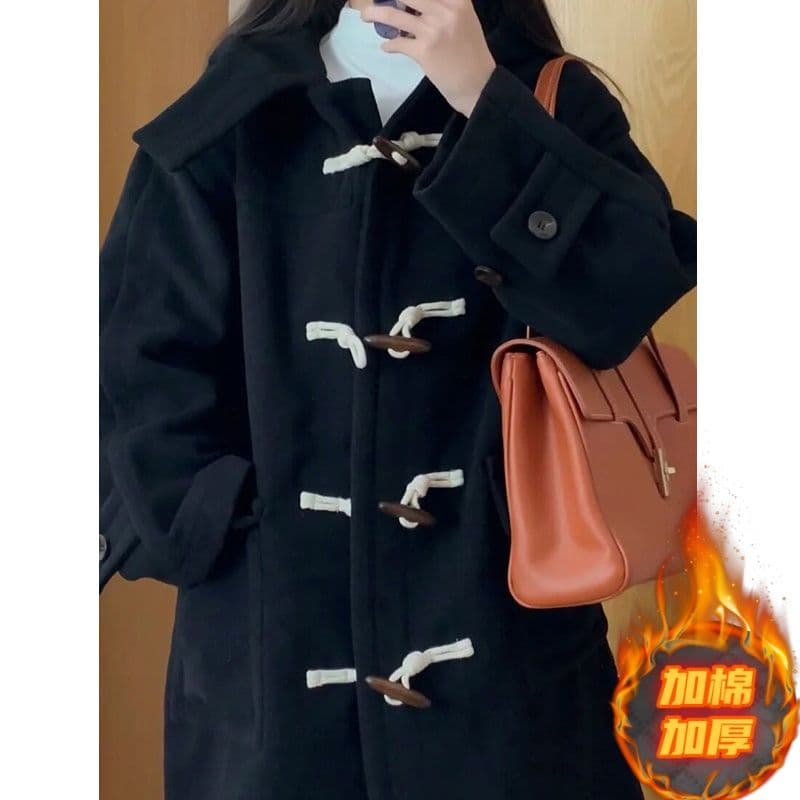가을 겨울철 검정색 소뿔 버클 모직 후드 롱 코트 코트 여성 루즈핏 학원 스타일 여성 코트 이미지 2