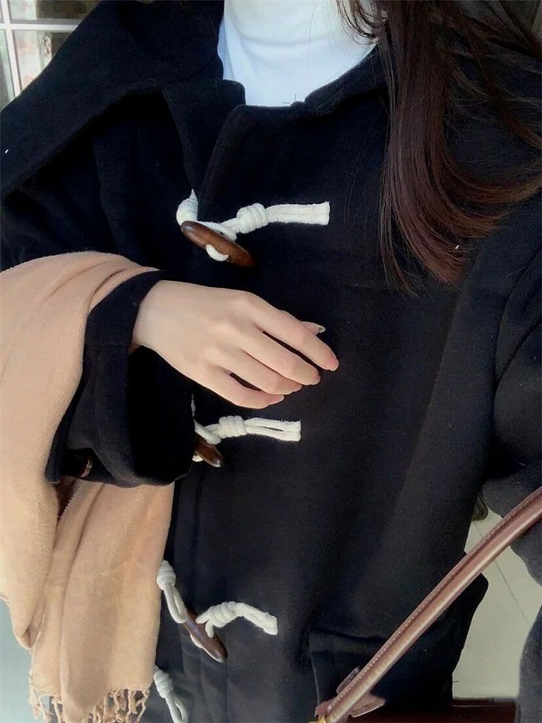 가을 겨울철 검정색 소뿔 버클 모직 후드 롱 코트 코트 여성 루즈핏 학원 스타일 여성 코트 상세 이미지 9