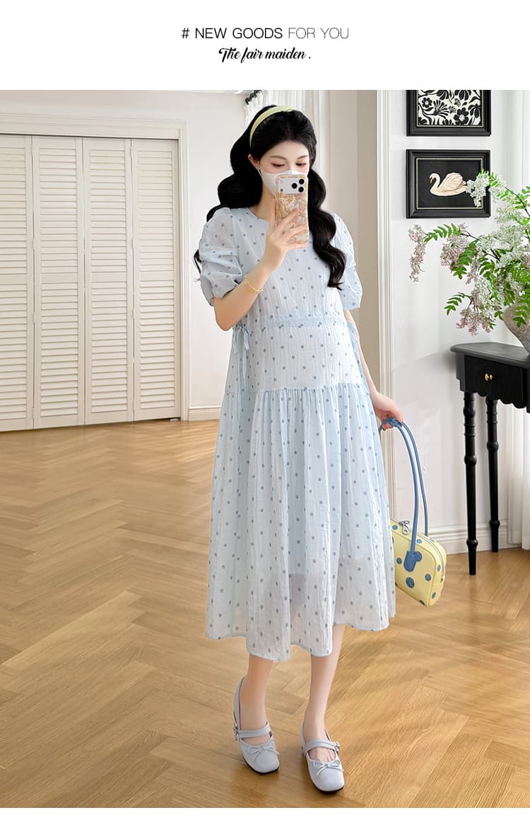 실사 지금 출산 착용 2026 여름 새로운 루즈핏 슬림해 보이는 라운드 넥 도트 무늬 패치워크 한 마디 드레스 상세 이미지 11