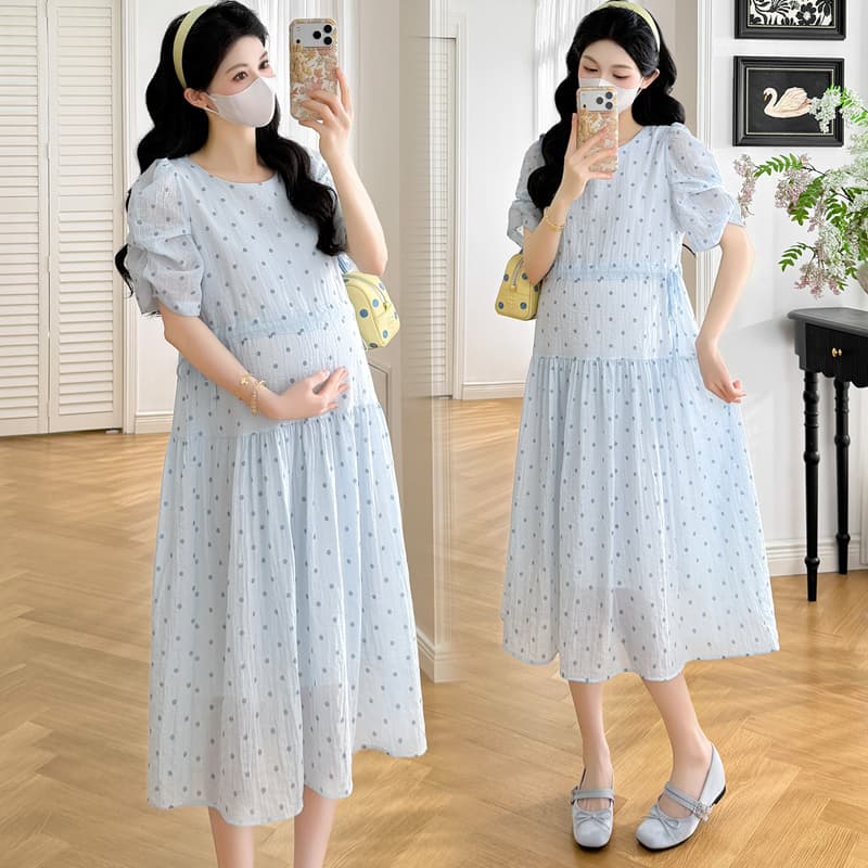 실사 신제품 2026 여름 클래식 도트 무늬 품격 롱 코트 임산부 연령 감소 나가라. 착용 가져 가라. 드레스 이미지 3