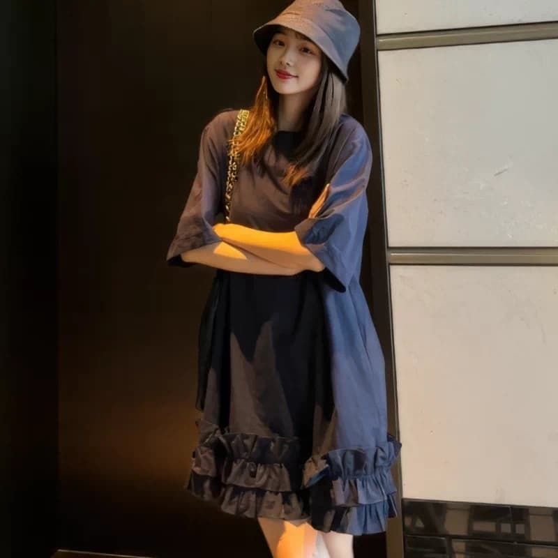 한 부서 캐주얼 바람 순면 반팔 드레스 2026 여름 새로운 빅 사이즈 지방 mm 다용도 외국 가스 연령 감소 미니 스커트 상세 이미지 3