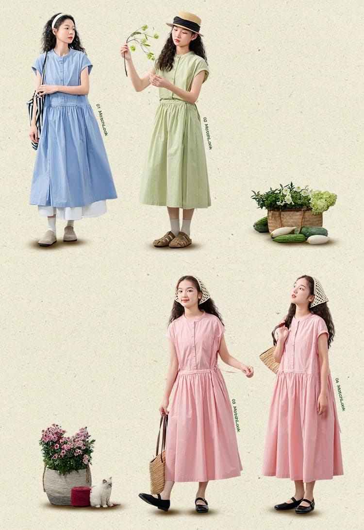 2026 여름 새로운 일본식 문예 느긋한 바람을 피우다 롱 코트 레이스업 허리 수축 슬림해 보이는 순면 반팔 여성 드레스 상세 이미지 2