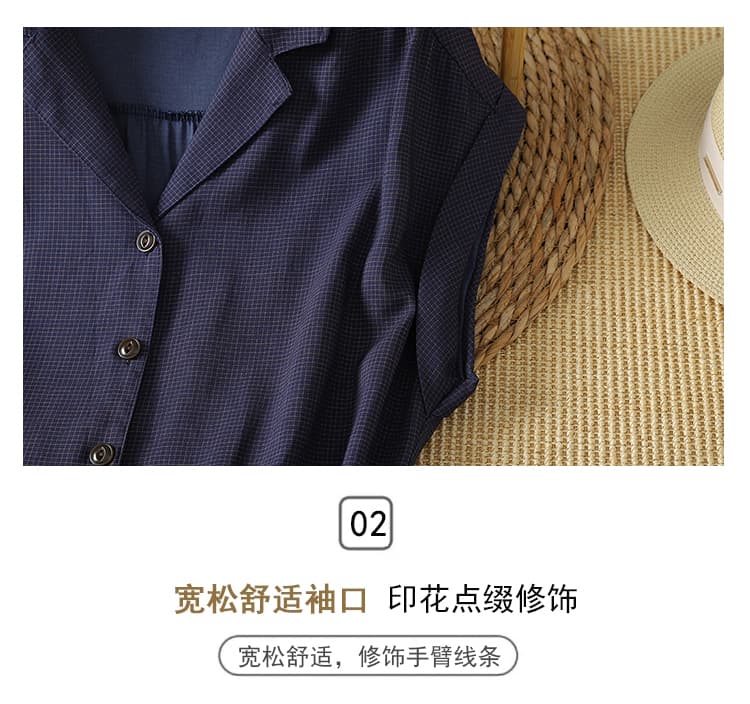 실사 2026 여름 새로운 일본식 중간 길이 레트로 체크무늬 폴로 칼라 레이스업 허리 수축 순면 셔츠 드레스 상세 이미지 5