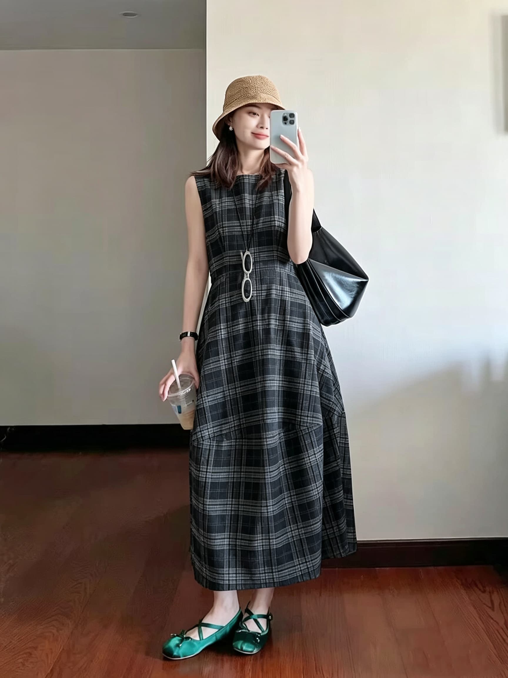 체크무늬 민소매 면 린넨 드레스 2026 여름 새로운 레트로 라운드 넥 허리 수축 슬림해 보이는 롱 코트 조끼 스커트 여성 상세 이미지 5