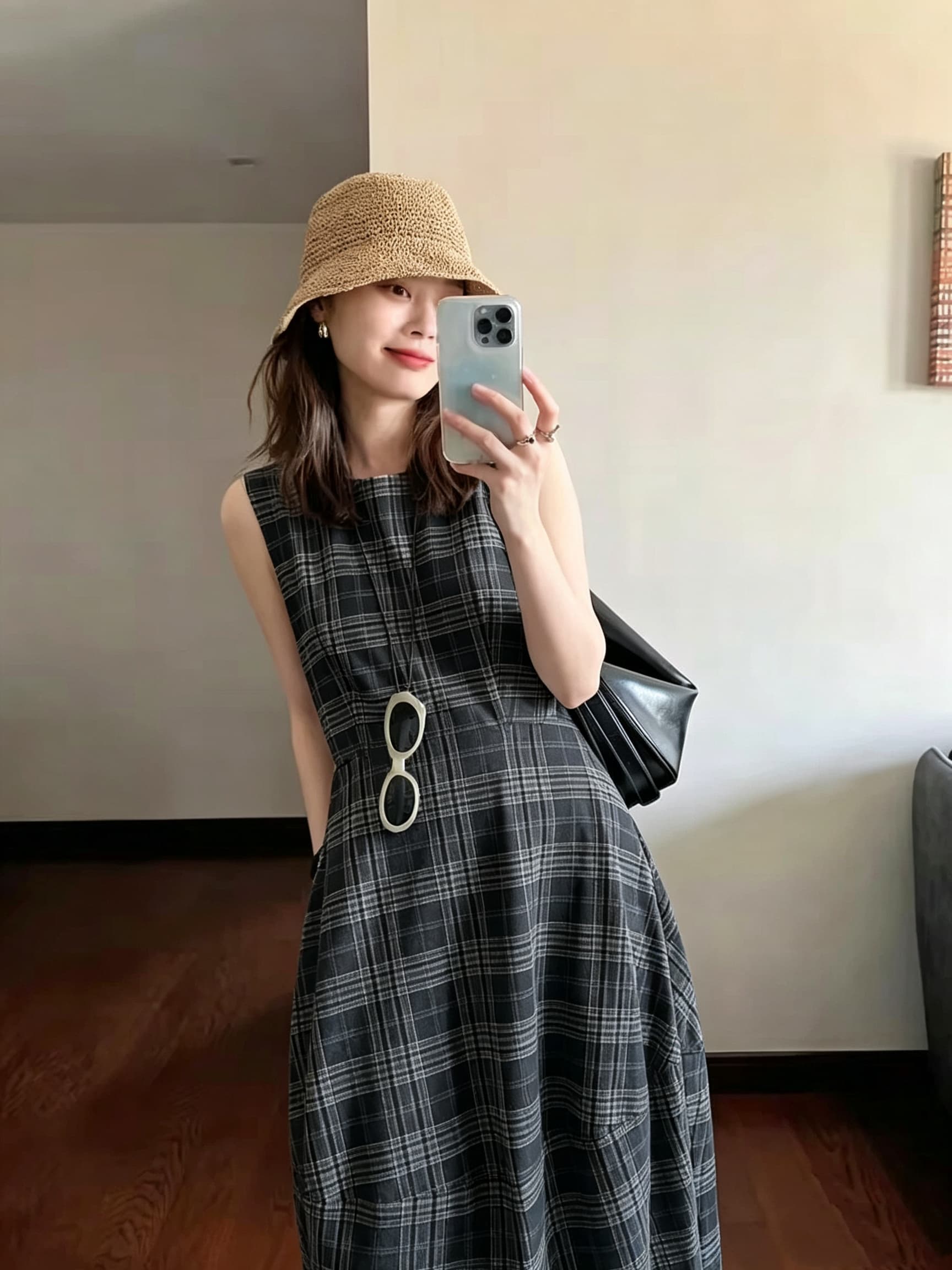 체크무늬 민소매 면 린넨 드레스 2026 여름 새로운 레트로 라운드 넥 허리 수축 슬림해 보이는 롱 코트 조끼 스커트 여성 상세 이미지 6