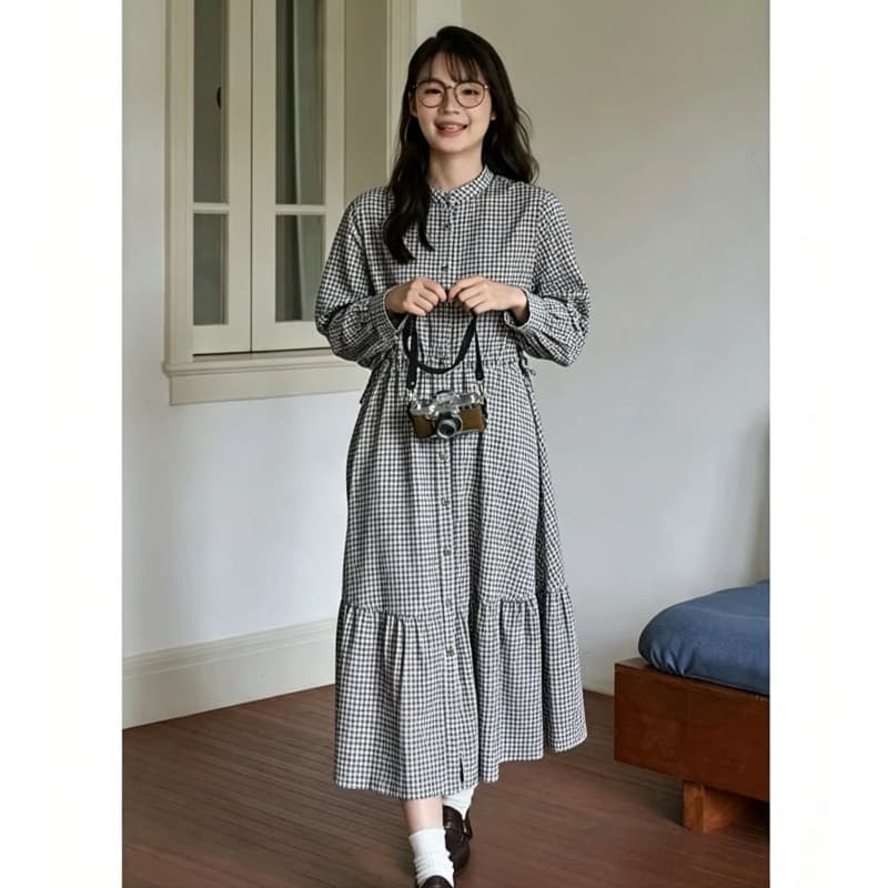 2026 가을 새로운 일식 문예 체크무늬 스탠드 칼라 패치워크 허리 수축 펌프 로프 작은 키 긴팔 드레스 여성 이미지 4
